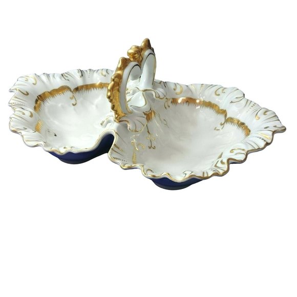 Divided Serving Dish w/ Center Handle Stamped #7608 Bright Gold Trim - Picture 1 of 12
